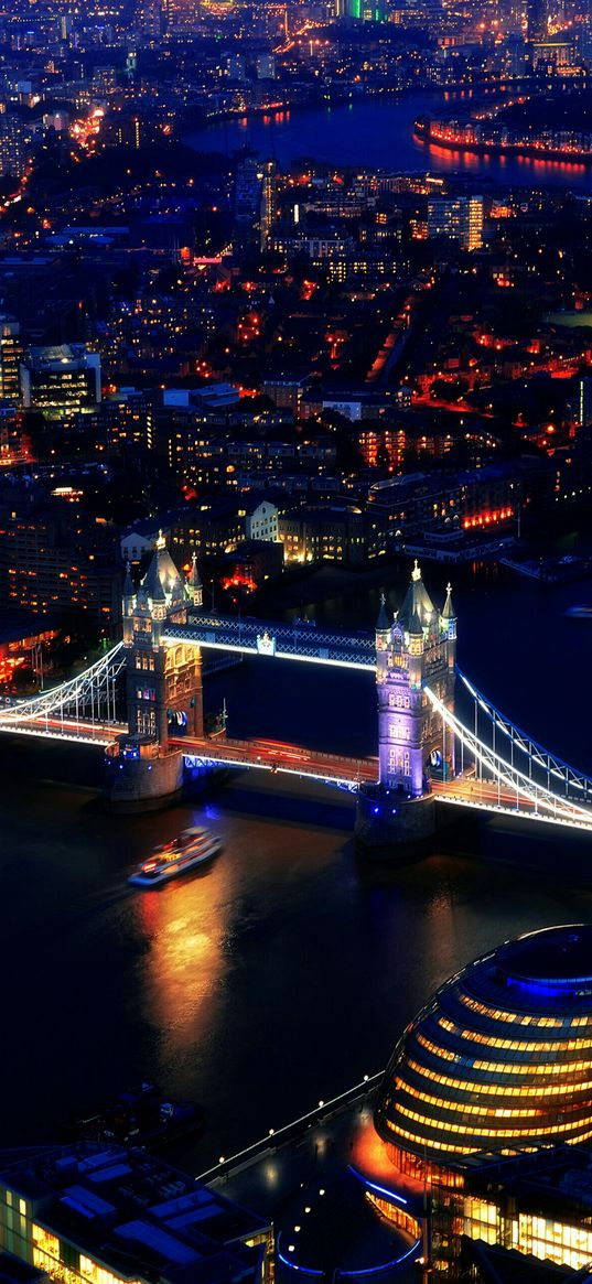 city, bridge, river, lights, buildings, ships, reflection, night