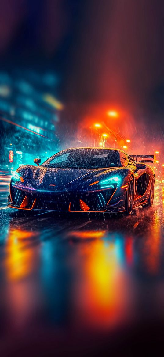 car, rain, glow, reflection, yellow, blue