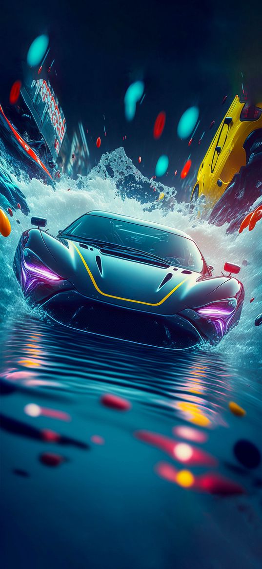 car, water, spray, speed, art, blue