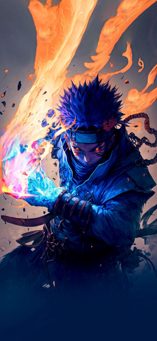 naruto, anime, magic, fire, art, blue, yellow, pink