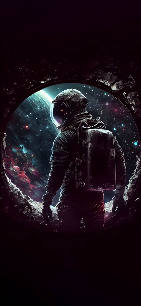 astronaut, hole, space, dark, stars, art