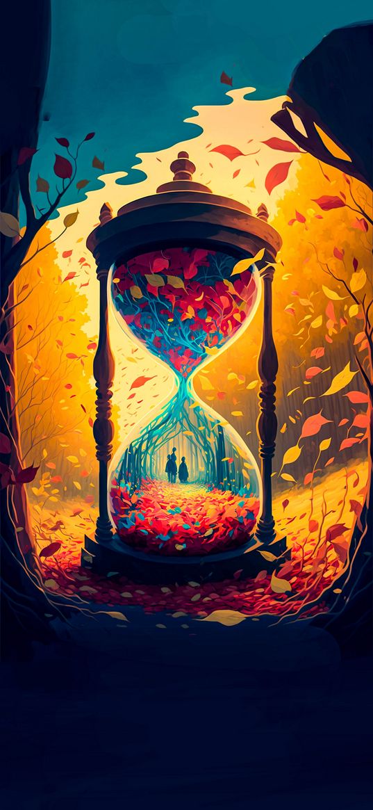 hourglass, trees, leaves, autumn, family, yellow, red, art