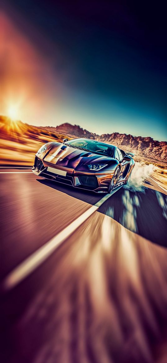 car, road, speed, mountains, sun, blue sky