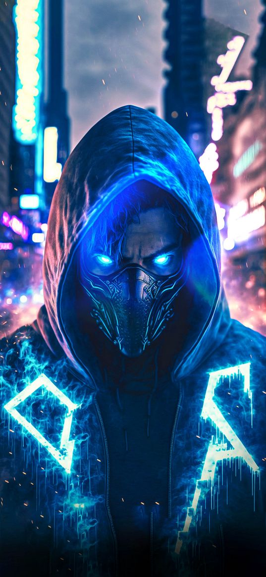 guy, mask, neon, hood, glowing eyes, city, blue