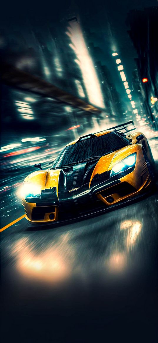 car, city, speed, road, yellow, dark