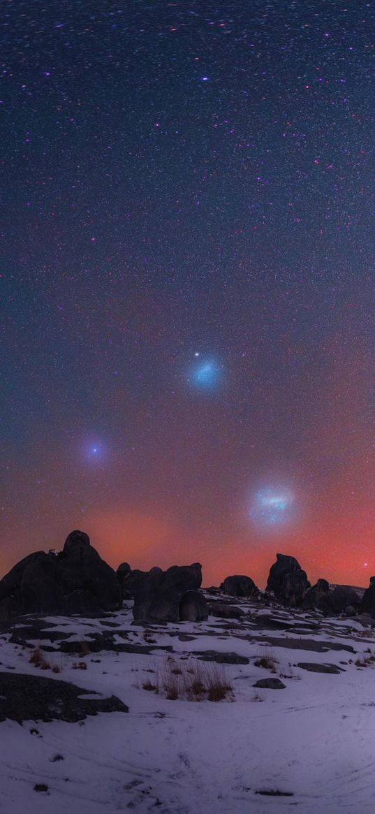 rocks, snow, sunset, magellanic cloud, starry sky, nature