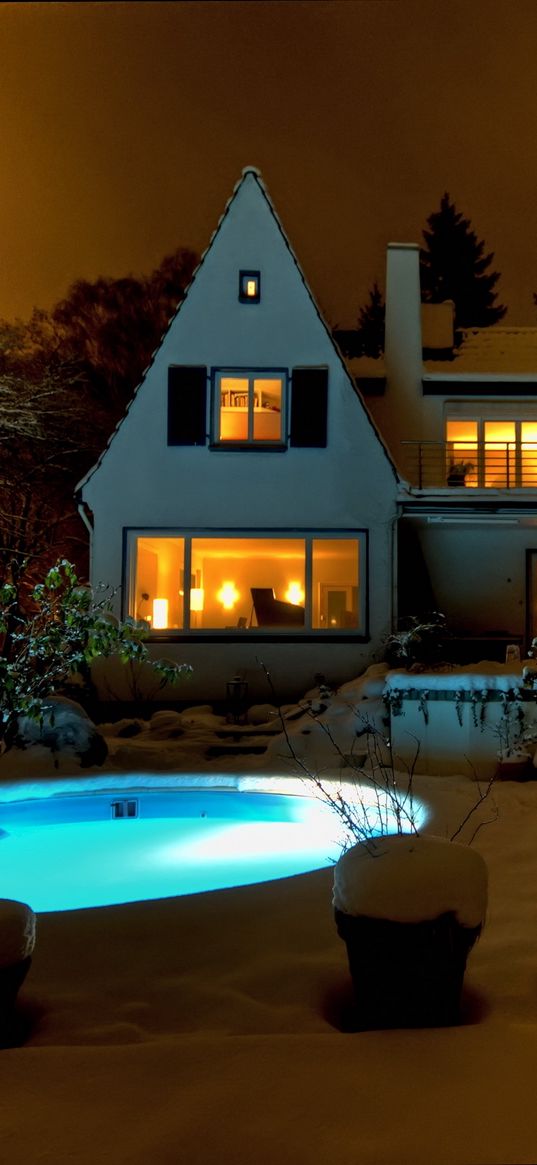 houses, pools, night, snow