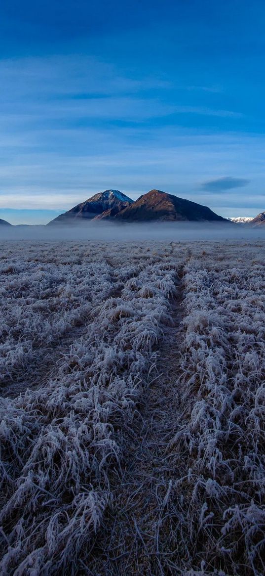 field, grass, snow, mist, mountains, blue sky, clouds, winter