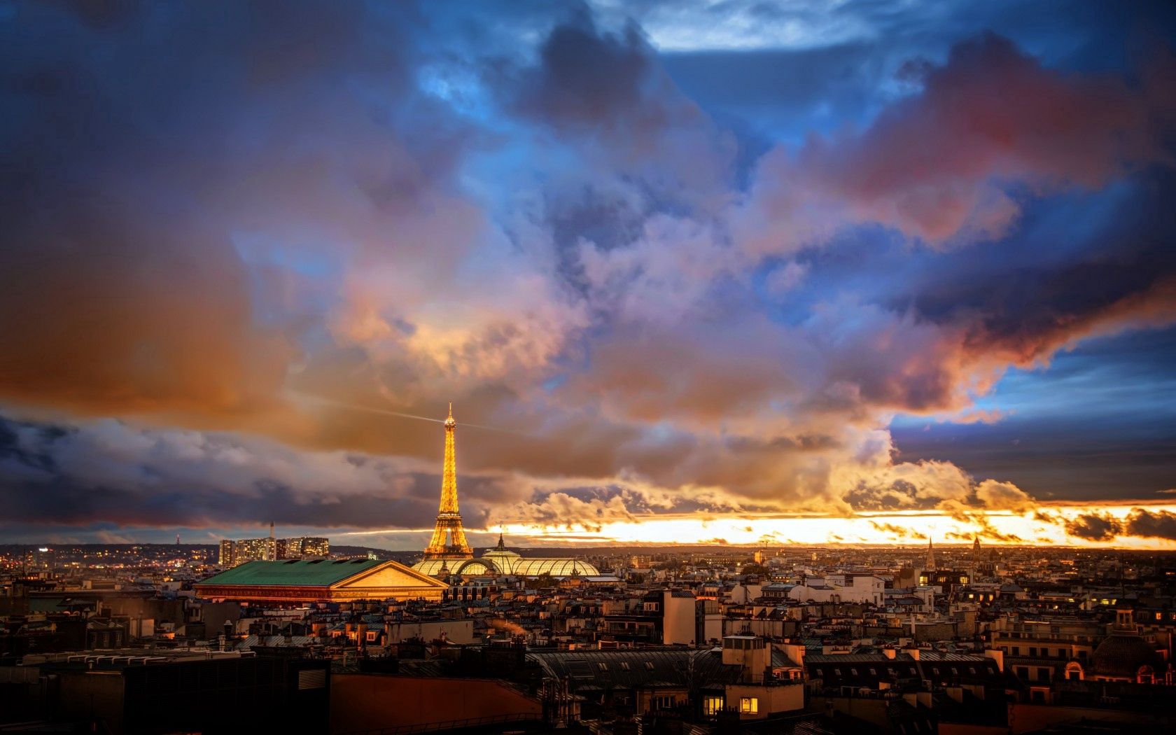 france, paris, houses, dal, skyline, eiffel tower, sunrise, sunset, sky, clouds