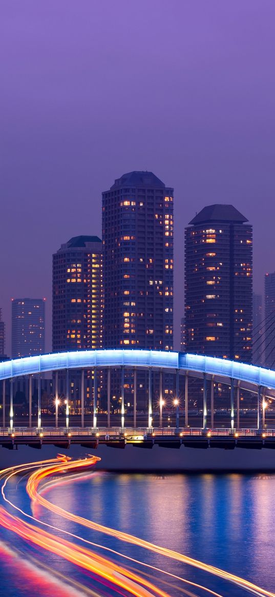 japan, tokyo, the capital, metropolis, skyscrapers, night, bridge, lighting, exposure, lights, river, lilac, sky