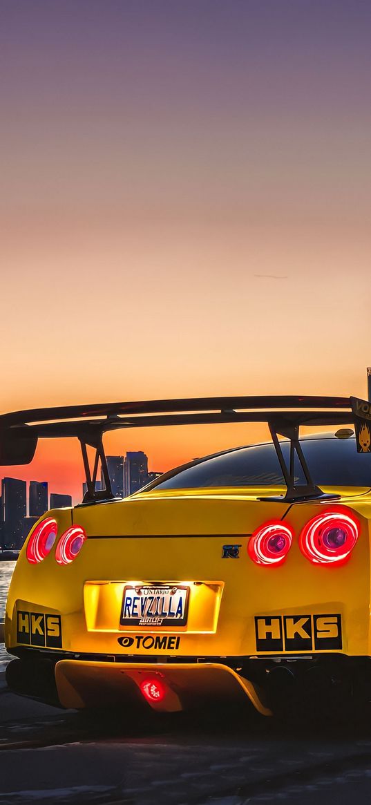 car, city, road, river, sunset, yellow