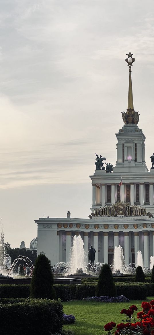 flowers, building, architecture, fountain, vdnkh, moscow