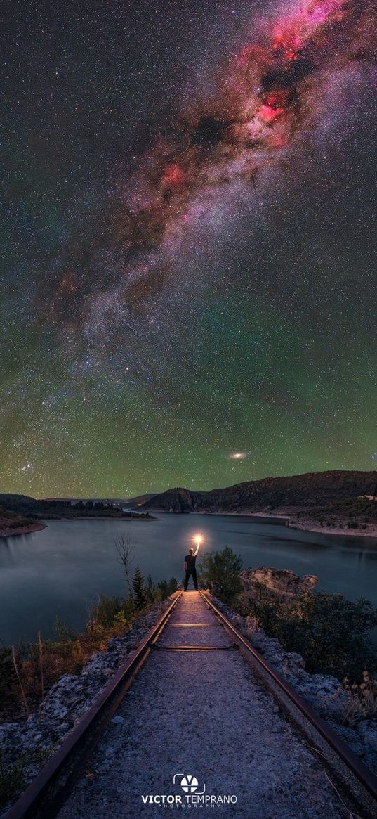 railway, lake, shore, savannah, andromeda, milky way, starry sky, nature, landscape