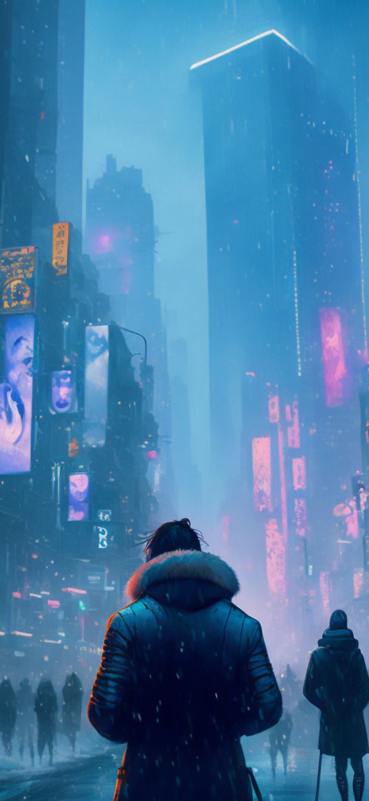 man, street, buildings, signs, neon, snow, winter, art