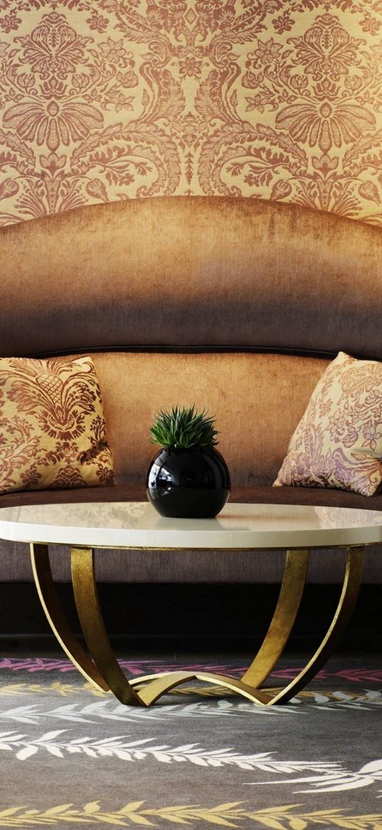 sofa, wall, chair, pattern, vase, flower, table, paul, pillows, brown, room, interior