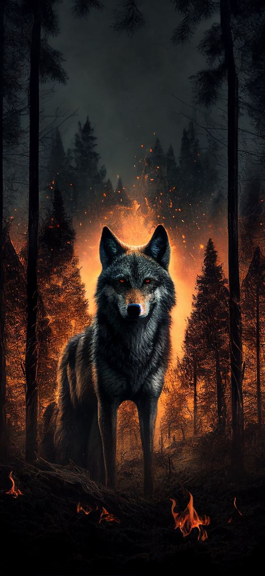 wolf, fire, forest, trees, predator, wildlife