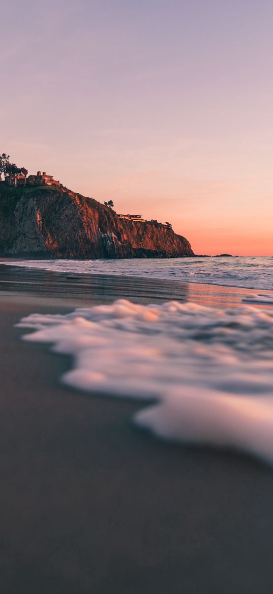 coast, waves, sea, foam, mountains, sunset, landscape