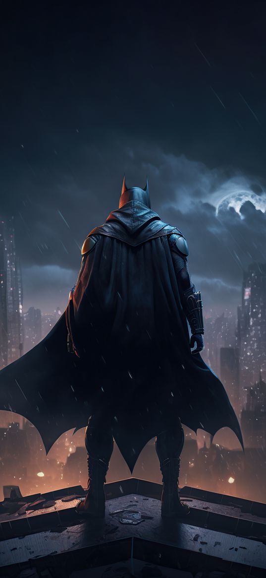 batman, comics, character, superhero, cape, rain, city