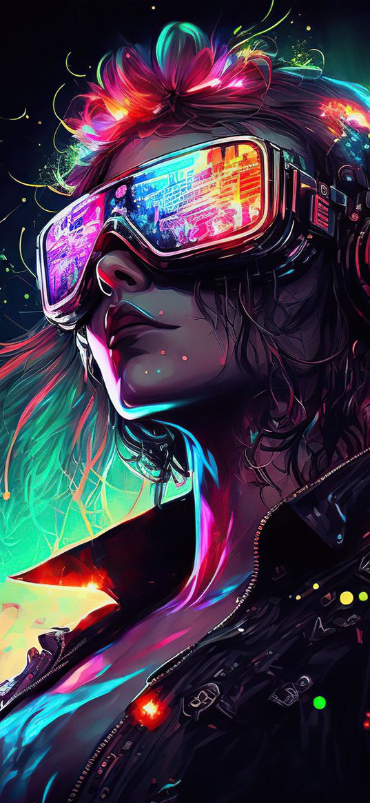 girl, glasses, reflection, glitch, sparks, colored, dark