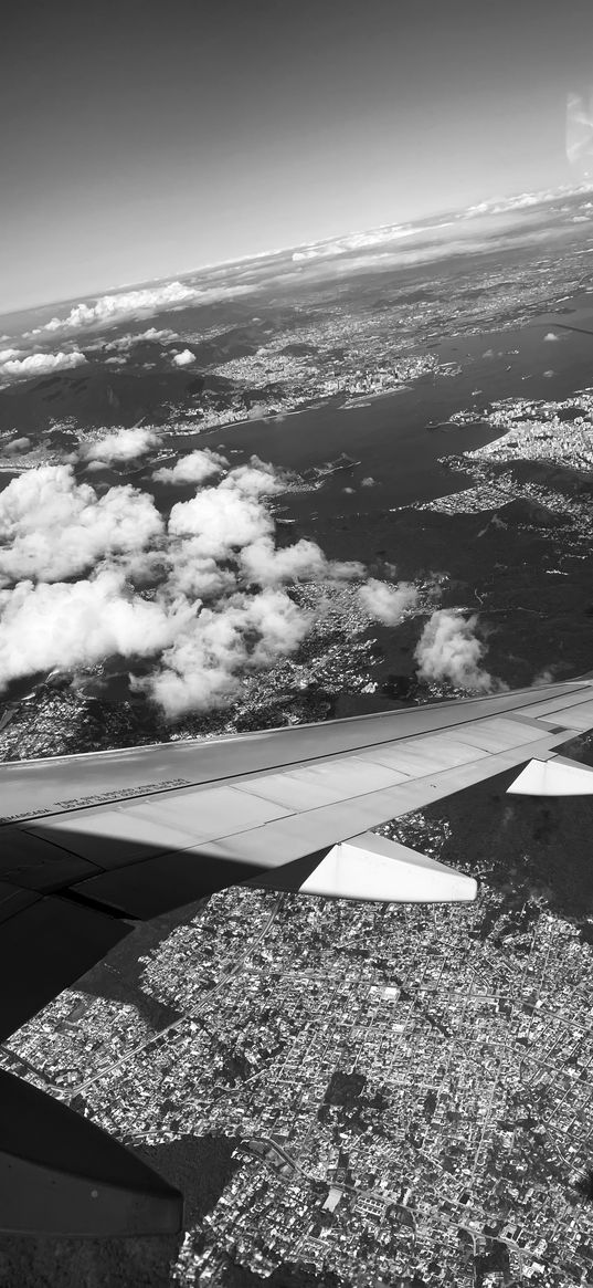 wing, airplane, ground, clouds, black and white