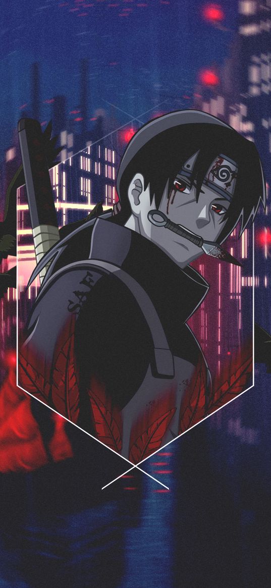 itachi uchiha, naruto, anime, sharingan, look, weapon, city, art