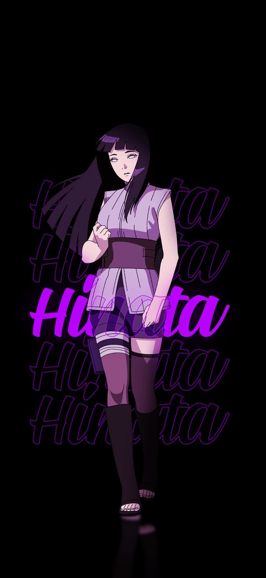 hinata hyuga, naruto, anime, girl, inscriptions, purple, art