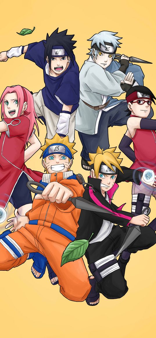 naruto, anime, manga, characters, yellow background, art