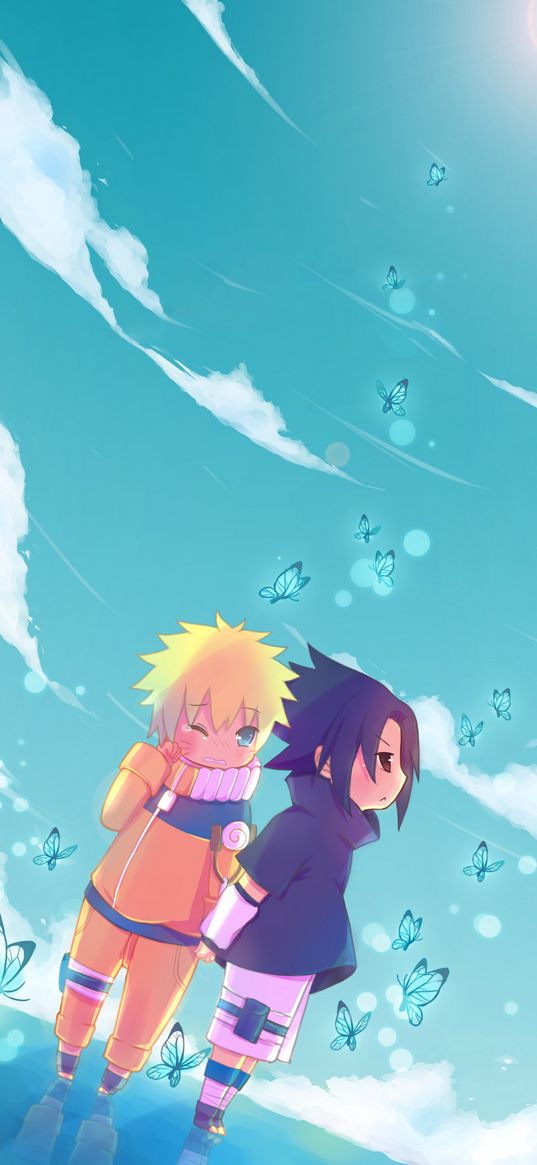 naruto uzumaki, sasuke uchiha, naruto, anime, leaves, sky