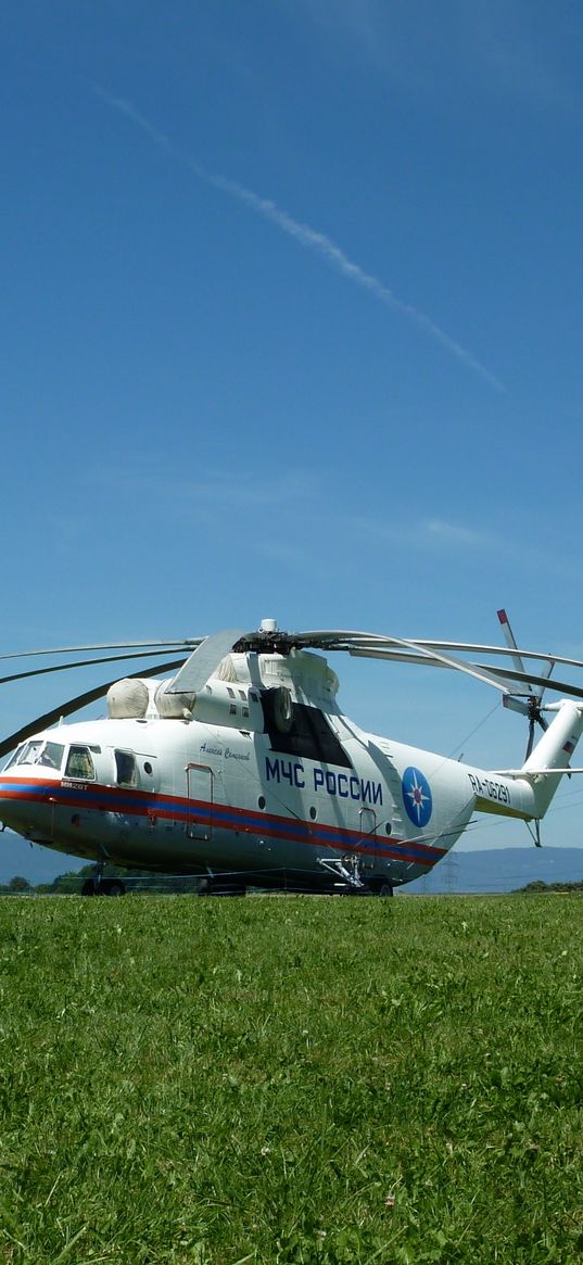 helicopter, mi-26, grass, russia, meadow, house, mountain, people