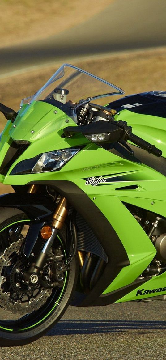 kawasaki, in the sun, motorbike, green, kawasaki ninja