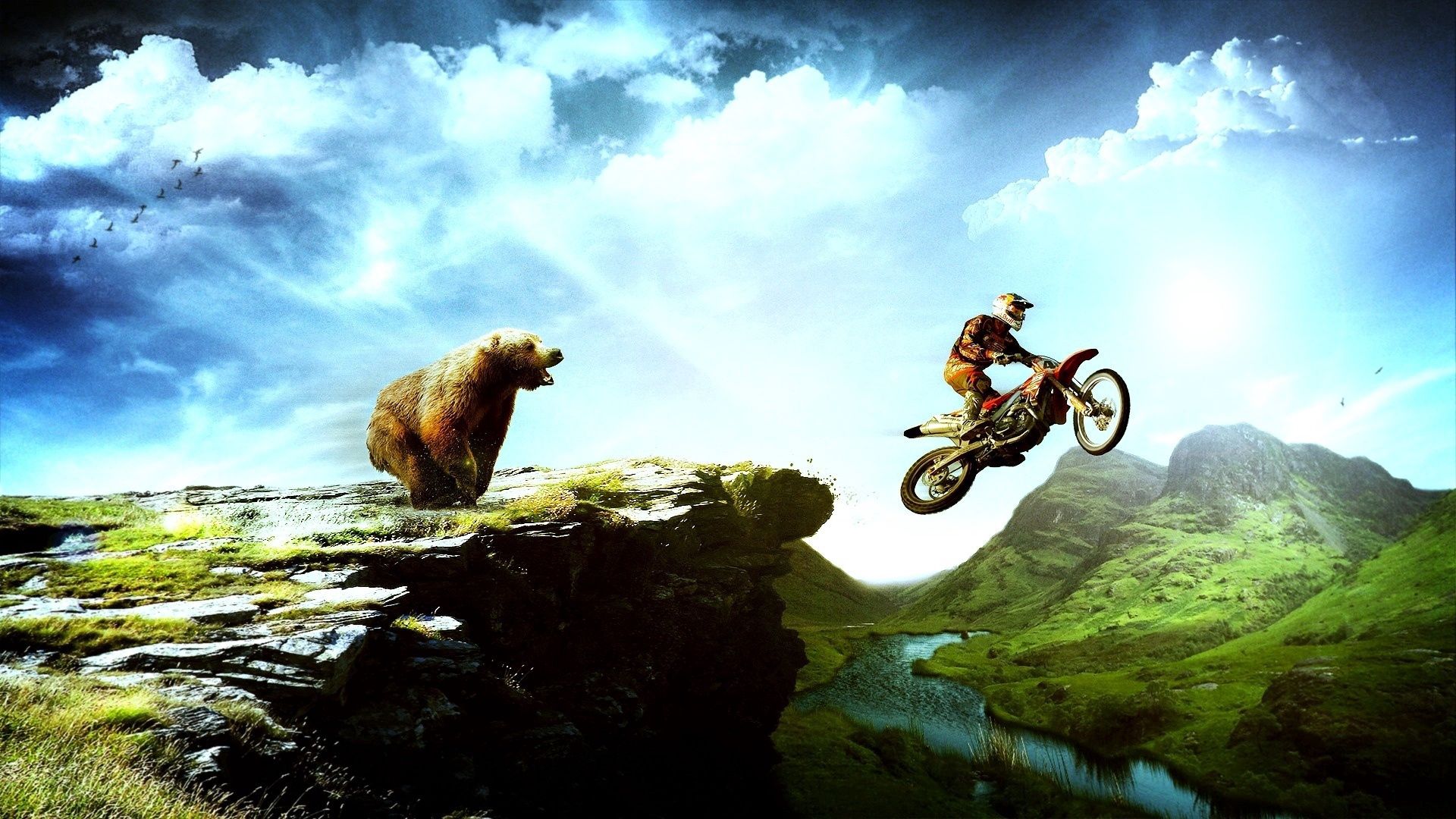 bear, motorcyclist, landscape, mountains