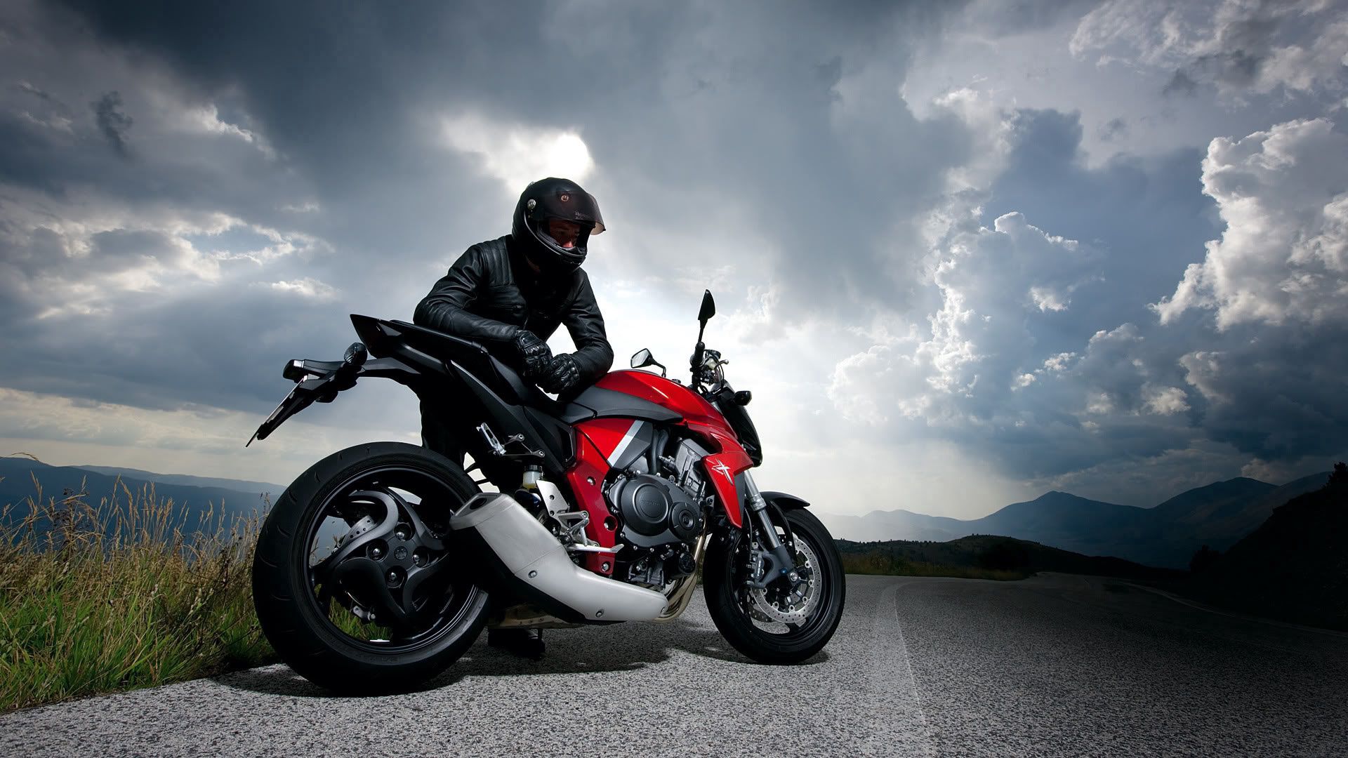 motorcycle, racer, road, sky, clouds