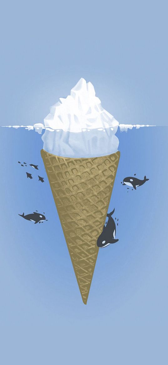 ocean, iceberg, minimalism, killer whales, ice cream, sea