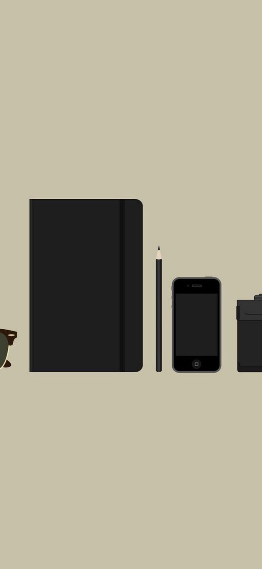 objects, camera, sunglasses, wallets, phones, minimalism