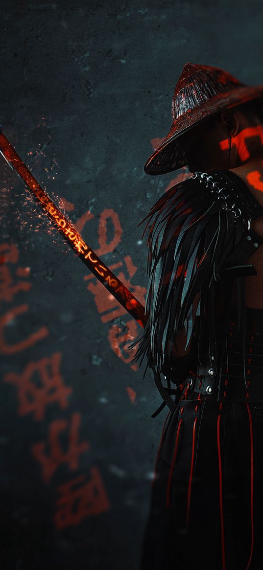 samurai, warrior, katana, hieroglyphs, sparks, red, dark, art