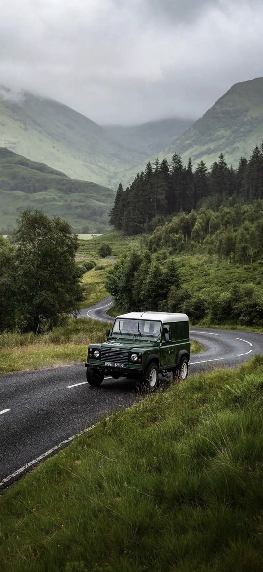 jeep, suv, car, green, road, trees, forest, hills, mountains, clouds, landscape, nature