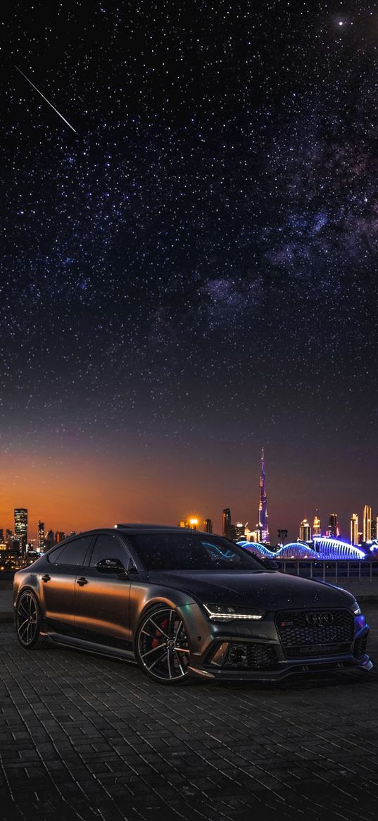 audi rs7, audi, sports car, car, skyscrapers, city, lights, comet, starry sky, night