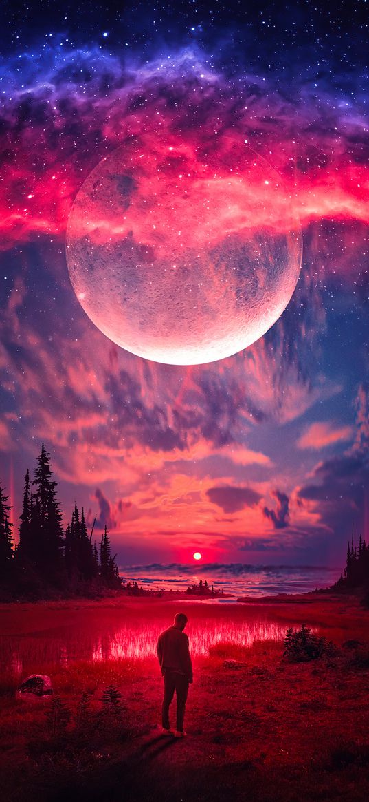 guy, trees, valley, moon, stars, nebulae, pink, blue