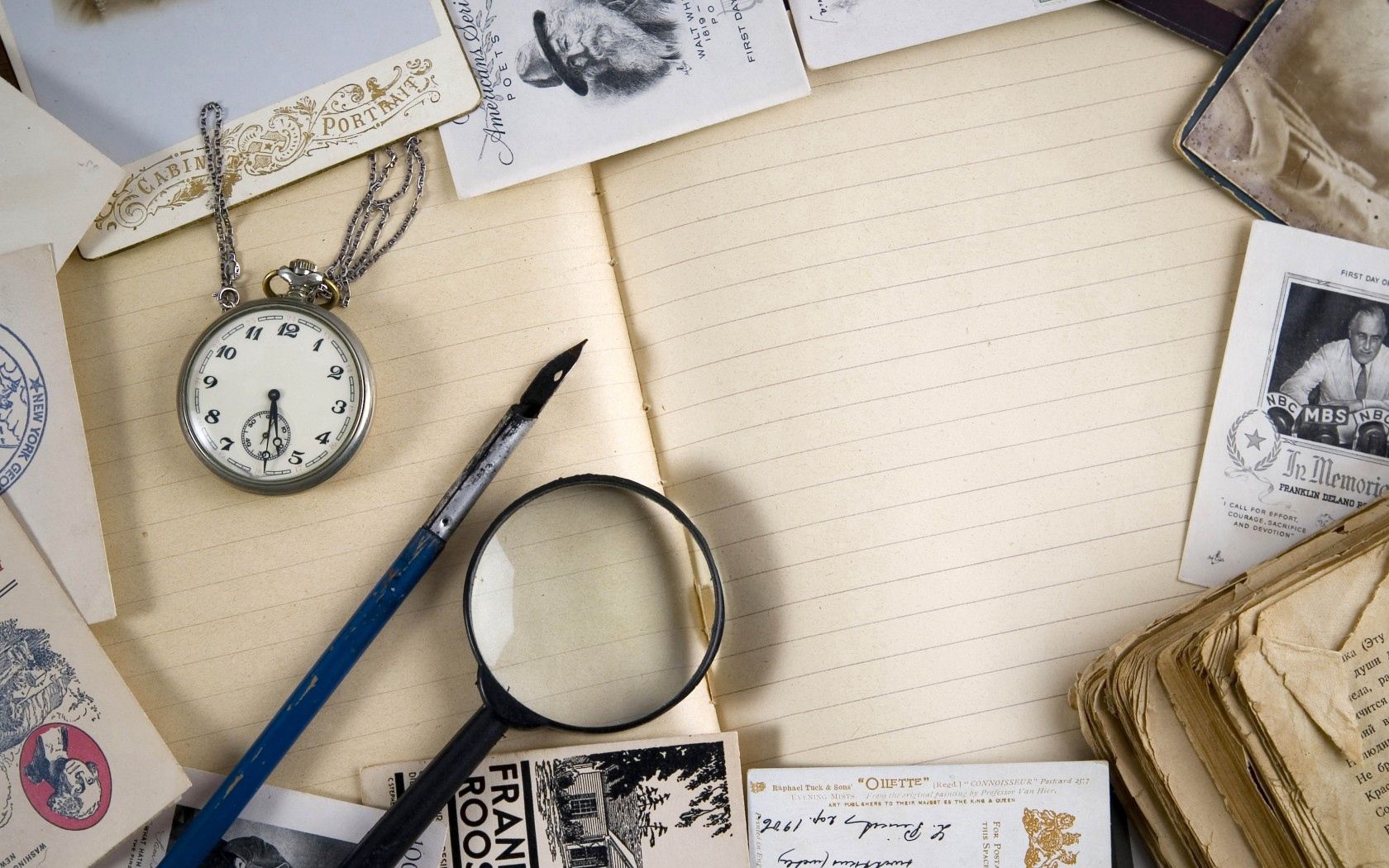 vintage, magnifier, watch, book, books, postcards