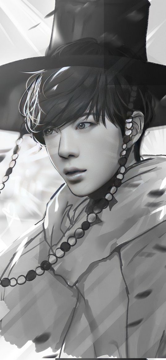 jin, kim seok-jin, singer, bts, guy, hat, black and white, art