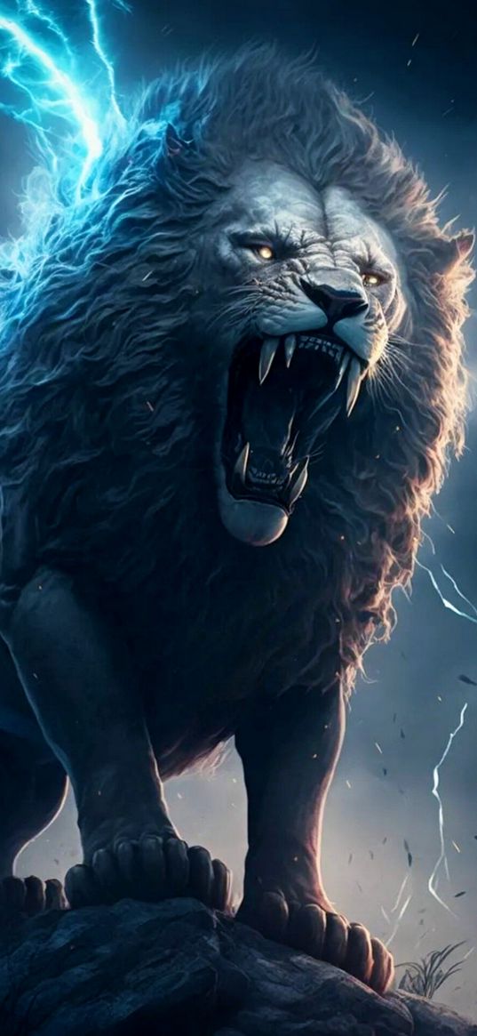 lion, predator, lightning, rock, dark, animal, art