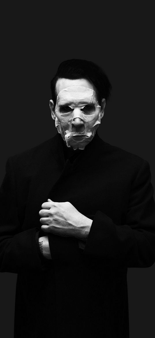 marilyn manson, singer, musician, mask, coat, dark