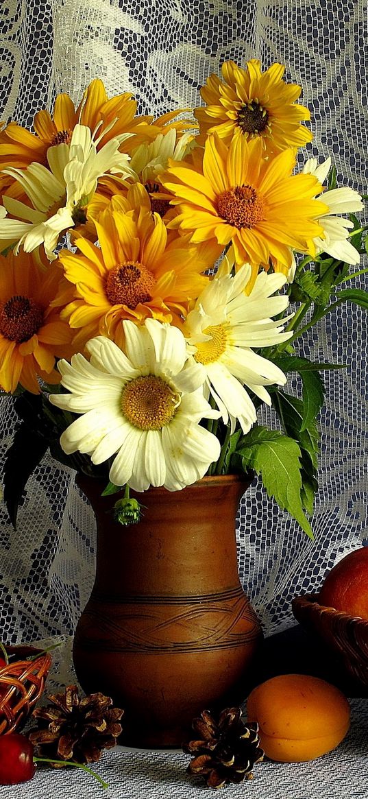 still, peaches, bouquet, gerbera, basket