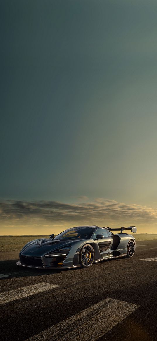 mclaren senna, car, dark, road, sunset, clouds