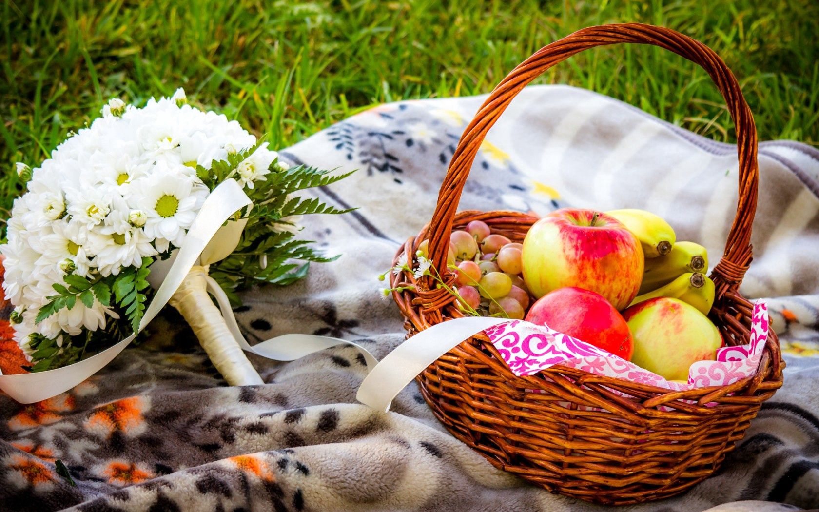 flowers, flower, apples, basket, bananas, grapes, nature, fruit