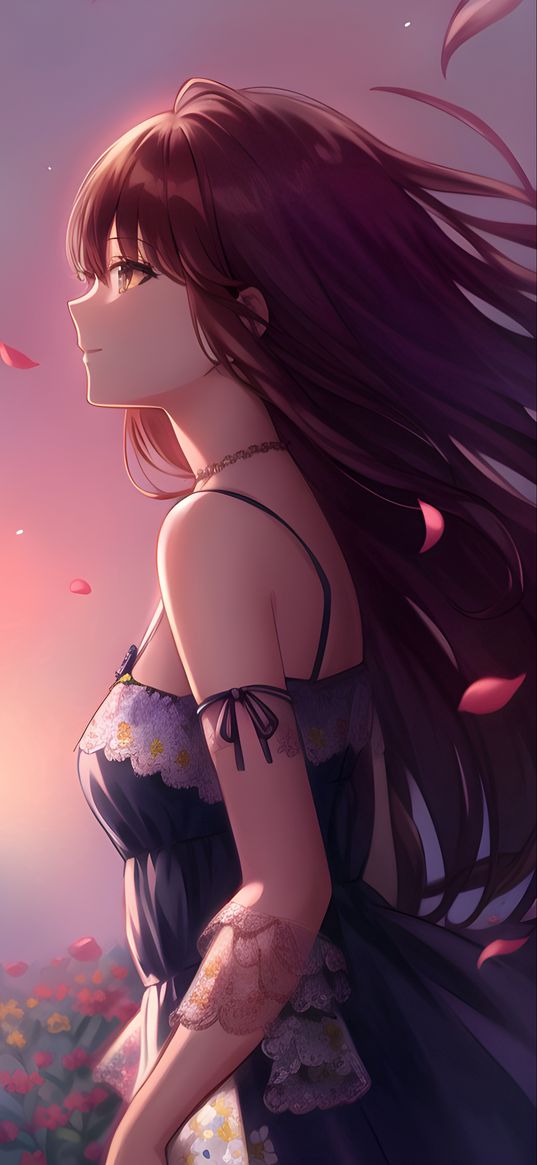 anime, girl, sunset, art, petals, wind