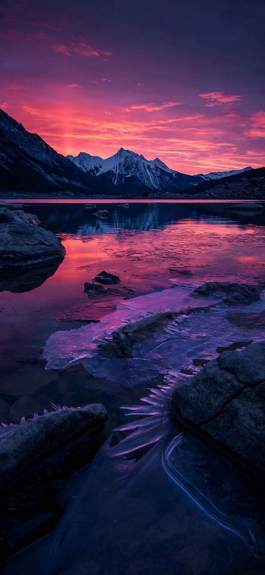 lake, mountain, hills, sunset, landscape