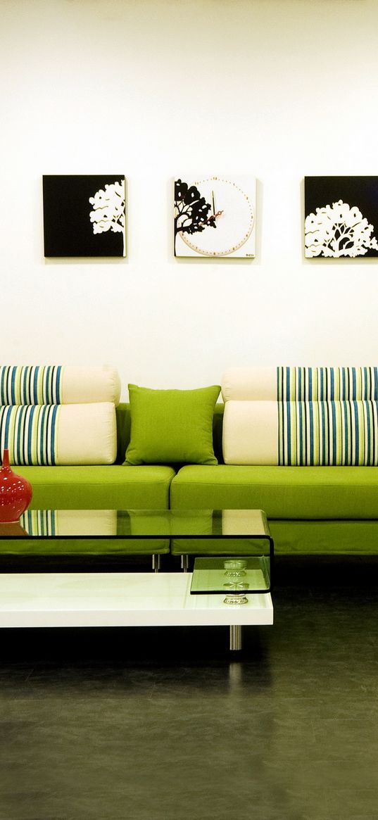 interior, design, style, sofa, green, pillows, vases, table, painting, house, lounge