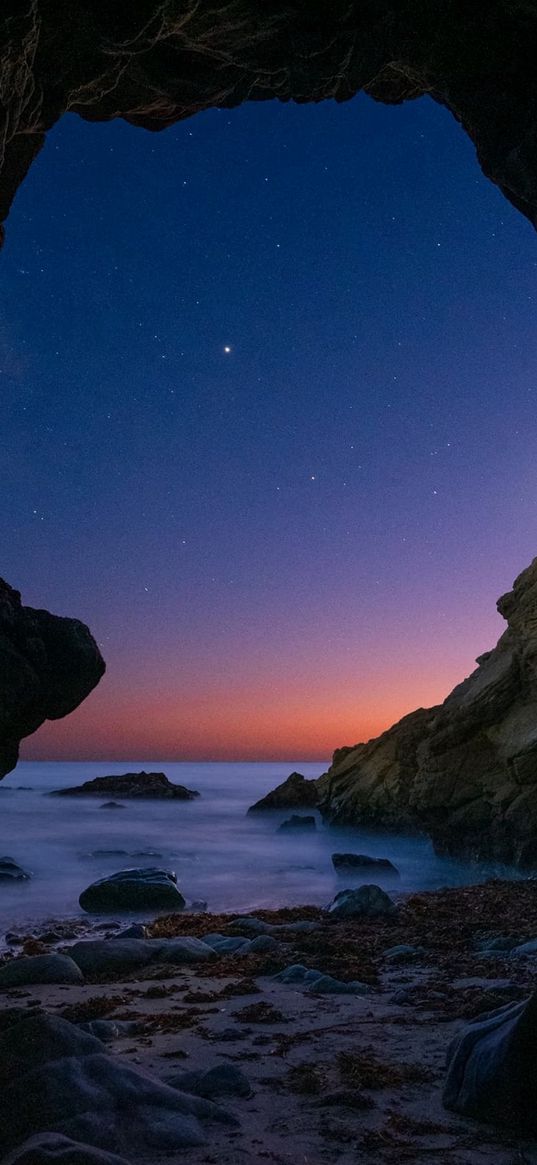 cave, sea, shore, sunset, blue sky, stars