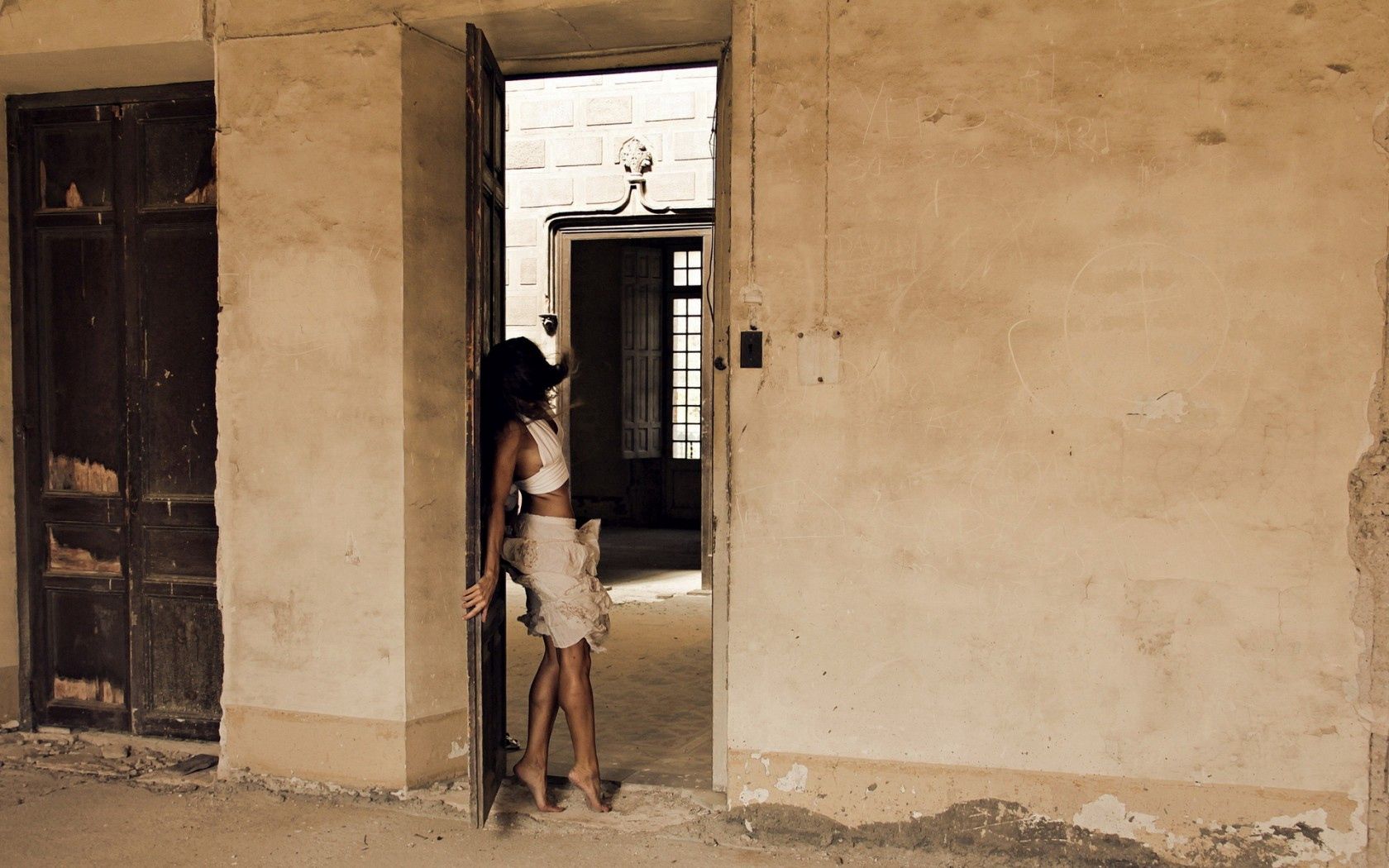 girl, door, wall